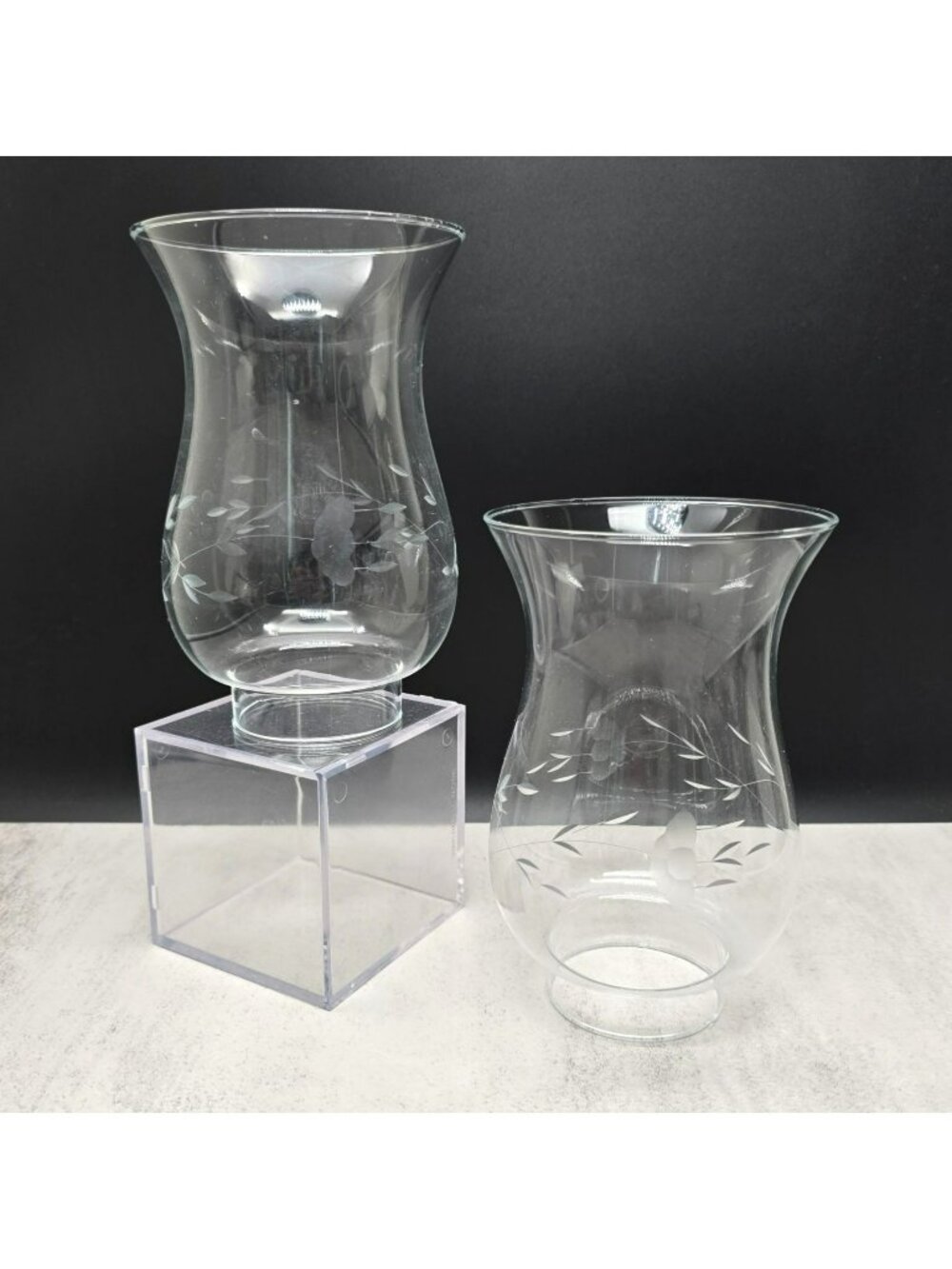 Vintage Princess House Etched Glass Hurricane Lamp Shades Pair Floral VL5180